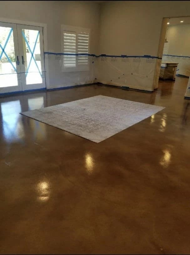 Modern living room with polished concrete flooring, area rug, and large glass doors.